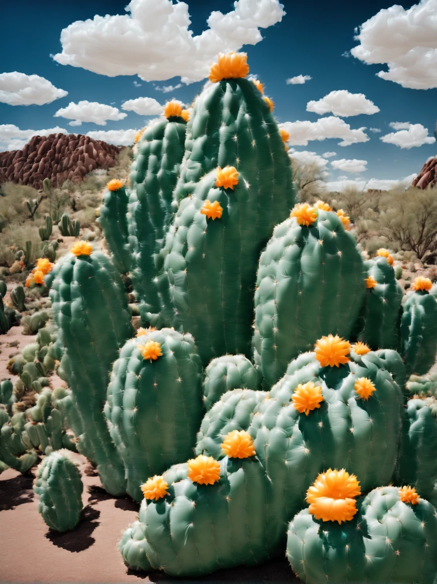 (Portrait shot, ultra-detailed, best quality, photorealistic:1.37, 4k, realistic, photography, an inflated cacti forest made by medium and small inflated cacti, in Arizona desert, blue sky with clouds, vibrant colours, 35mm)