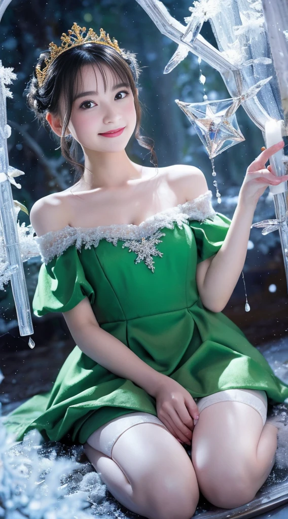 Best Quality, Ultra-detailed, Realistic:1.37, White snow, queen, lush green forest, Sparkling magic mirror, magic apple, Pure princess, fairy tale stage, Magical atmosphere, storybook illustration, Mystical elements, Dark and light contrast, Elegant gown, Princess, reflection, Malice, magical forest creatures, sparkling stars, Mystical charm, Snowy landscape, mirror shard, Royal crown, Delicate snowflakes, Innocent beauty, mesmerizing eyes, Poison apple, Eerie sounding, Eerie silence, Surreal compositions, Dramatic Lighting, Fantasy Realm, enchanted castle, Golden accent, Forbidden desires, Apple tree, Breathtaking details, Glass-like surface, magical transformation, A queen's cold stare, Undeservedly beautiful, Vibrant colors, Little girl, a baby face, childish, Off-shoulder dress, A smile, Voluminous mini skirt, zettai ryouiki, thigh highs, I keep my hair up and short, Shot from directly above, Looking at the camera,