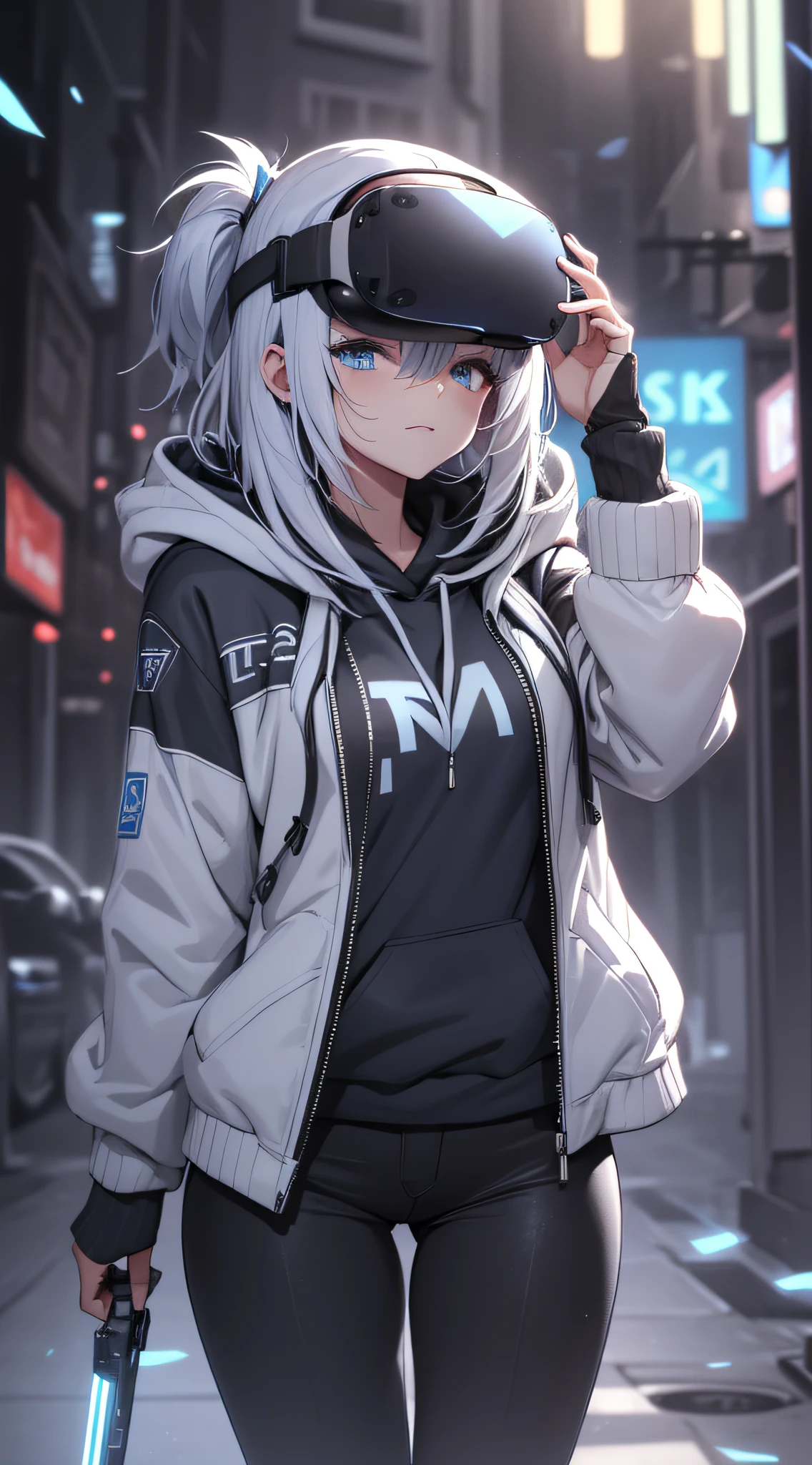 top-quality、Top image quality、masterpiece、teens girl((Blue Hoodie、black trousers、18year old、 Ager、Best Bust、big bast,Beautiful light blue eyes, Long silver hair、A slender,Large valleys、Reflecting the whole body、Leaning forward、Attach the VR visor to your eyes、I have a VR stick controller、Excited face、play VR)),hiquality、Beautiful Art、Background with(( Cyber World)))、masutepiece、depth of fields,