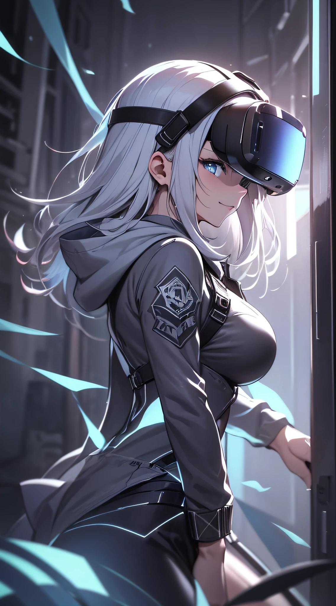 top-quality、Top image quality、masterpiece、teens girl((Blue Hoodie、black trousers、18year old、 Ager、Best Bust、big bast,Beautiful light blue eyes, Long silver hair、A slender,Large valleys、Reflecting the whole body、Leaning forward、Attach the VR visor to your eyes、I have a VR stick controller、Excited face、play VR)),hiquality、Beautiful Art、Background with(( Cyber World)))、masutepiece、depth of fields,