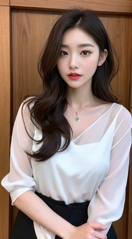 A woman with the same face as last time,Slender Abs、Loose wavy styling、Chiffon Blouse、Beautifully expressed in every detail., Including face and skin texture.,Detailed eyes,Seducting look、full body Esbian