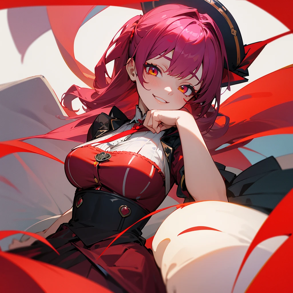 Houshou Marine、hololive、Virtual Youtuber、28 year old、1 female、Perfect fingertip、perfect arms、large full breasts、Gothic horror style、Magenta hair color、Yellow left eye、Red right eye、Odd Eyes、Crazy smile、Red ta Dresses、Overall dark、horor