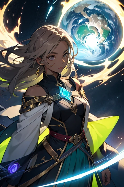 28 years old an she has light brown shoulder-length hair, gray eyes, and black skin. she wears earth wizard clothes with colors of yellow and green. she has a wand