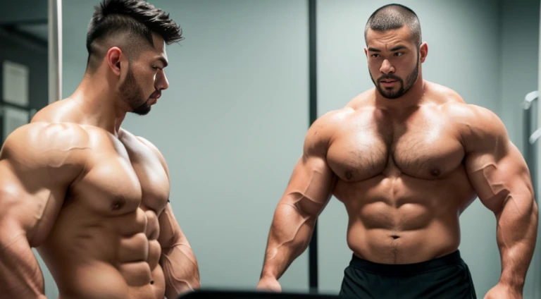 (Very detailed 8k wallpaper), two asian men, muscle worship, arms folded, At the gym, high detailing, buzzcut, very large and strong body, bulging muscles, well-muscled, very large pectoral muscles. Very sexy abs, legs are muscular, Toned figure, lightens oily skin, muscular, Tank top, T-shirt, longshot, Wide Shot