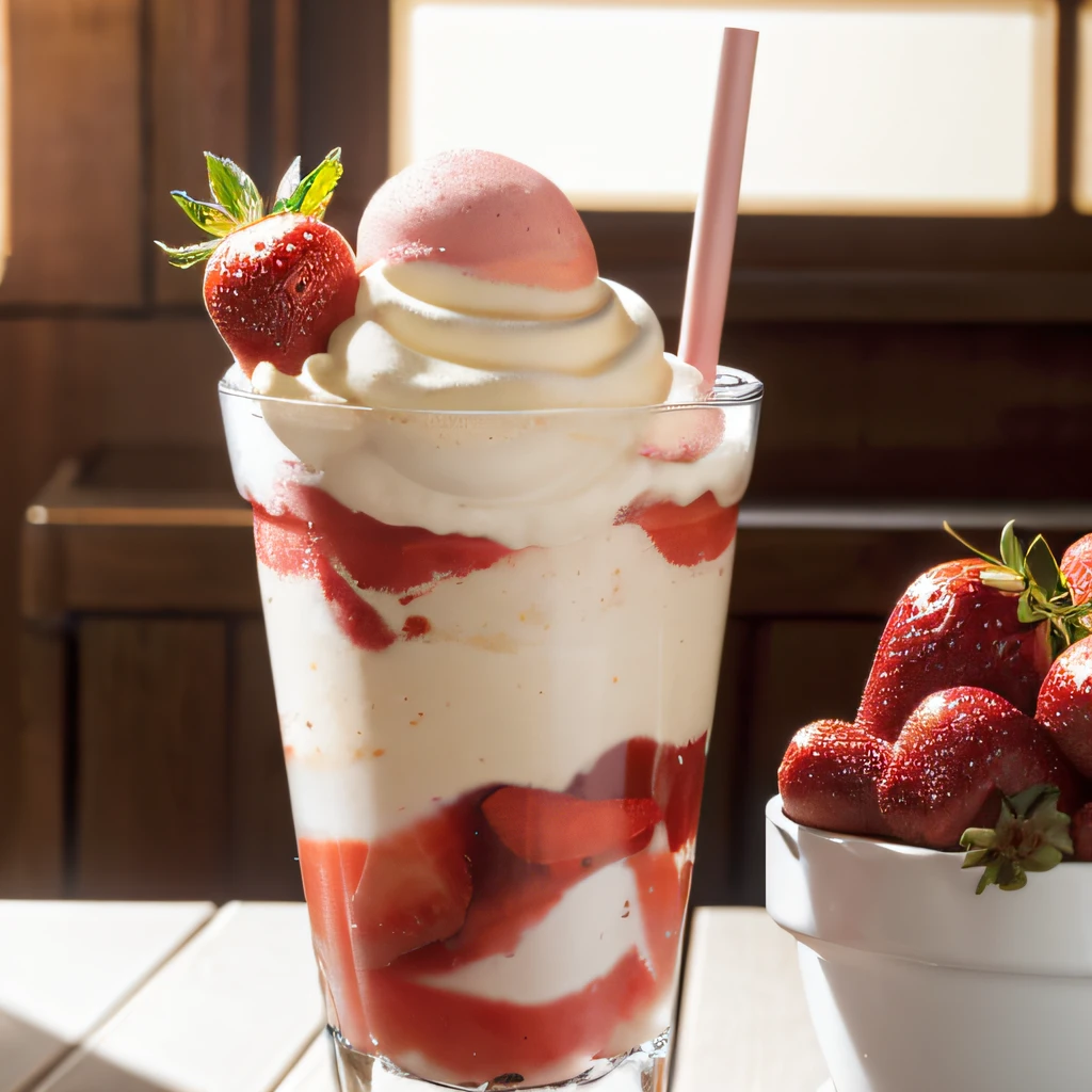 strawberry icecream sundae, photorealistic, high details, intricate, sharp focus, 8K, HD, Full-HD, Ultra-HD, Super-Resolution, Megapixel, subsurface scattering, edge lighting, rim light, rim lighting, best lighting, refreshing, lumen Reflections, screen space reflections, Post Processing, Post-Production, TXAA, De-Noise, shaders (COLOR FRUITFUSION:0.222) (BRTDRPP:1.122)( LIQUID SPLASH:0.444)