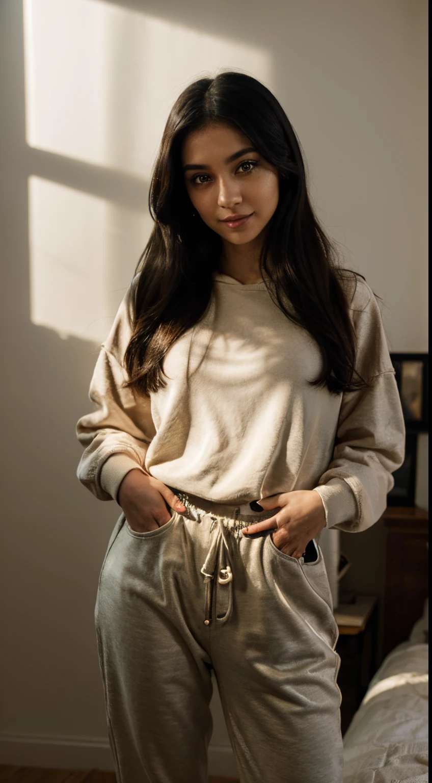 highres,realistic,portrait,young,beautiful,labanese,girl,20 years old,big eyes,detailed facial features,long eyelashes,sharp beautiful nose,straight black hair,natural makeup,fashionable attire,stunning smile,vivid colors,soft lighting,warm tones,rich skin texture,subtle shadows,natural environment,bed room,taking pictures with iphone in one hand, standing in front of a mirror,sunlight in the room,in a hoodie and trouser,morning sunshine,comfortable sleppers in the feet,lazy posture