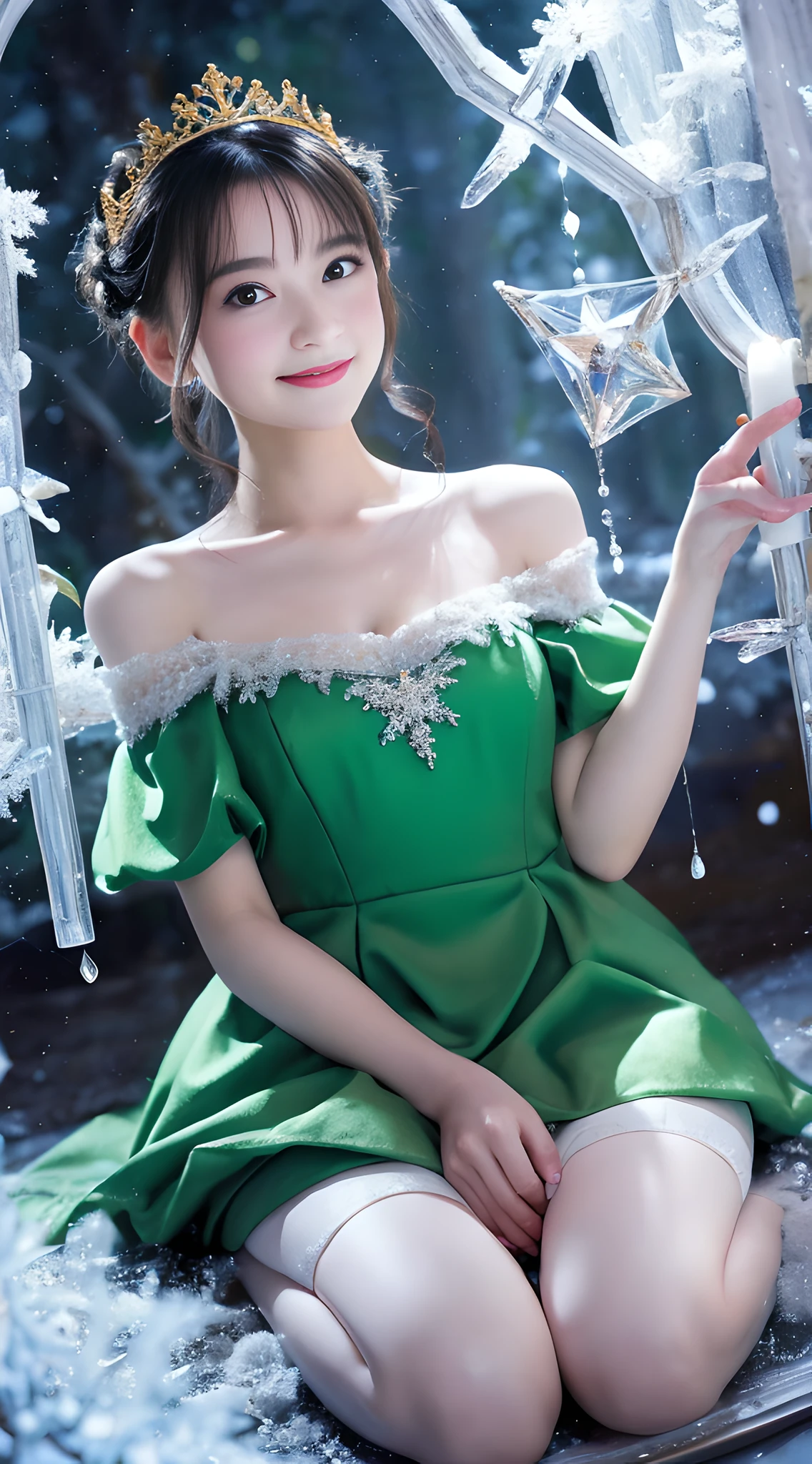 Best Quality, Ultra-detailed, realisitic:1.37, white eyes, Queen, lush green forest, sparkling magic mirror, magic apple, pure princess, A fairytale-like stage, magical atmosphere, Storybook illustrations, mystical elements, dark and light contrast, elegant gown, princess, reflection, malice, magic forest creatures, glinting stars, mystical charm, snowy landscape, mirror fragment, royal crown, delicate snowflakes, Innocent beauty, alluring eyes, poison apple, spooky sound, eerie silence, surreal composition, with dramatic lighting, fantasy realm, enchanted castles, golden accents, Forbidden Desires, apple tree, Breathtaking details, Glass-like surface, magic transformation, The Queen's cold eyes, undeservedly beautiful, vibrant colours, petite girl, baby face, milk tooth, Off-the-shoulder dresses, A Smile, Voluminous miniskirt, zettai ryouiki, thighhigh, I grow my hair and keep it short., Filmed directly above, Looking at the camera,