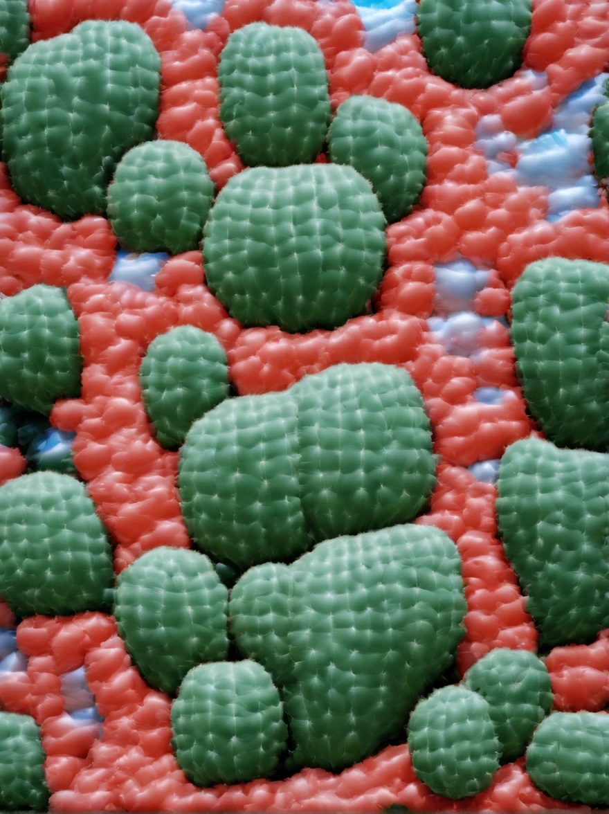 (Portrait shot, ultra-detailed, best quality, photorealistic:1.37, 4k, realistic, photography, an inflated cacti forest made by medium and small inflated cacti, soft reflections, in Arizona desert, blue sky with clouds, vibrant colours, 35mm)