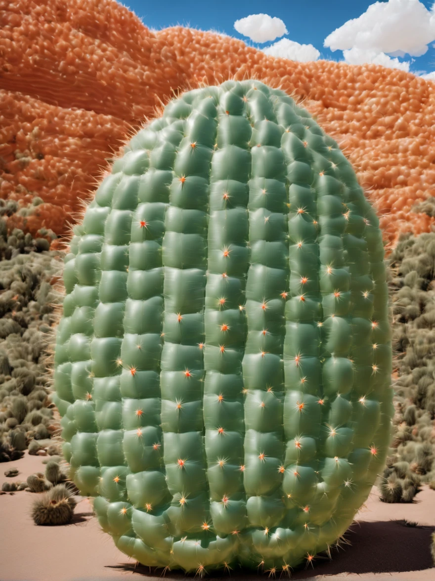 (Portrait shot, ultra-detailed, best quality, photorealistic:1.37, 4k, realistic, photography, an inflated cacti forest made by medium and small inflated cacti, soft reflections, in Arizona desert, blue sky with clouds, vibrant colours, 35mm)