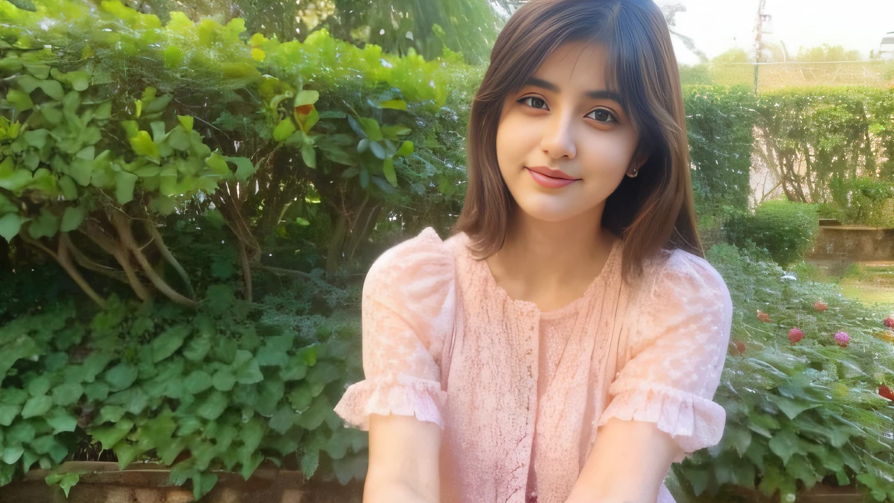 Create a cute girl name "Simi khanna" age 19 wearing in mumbai garden sitting
