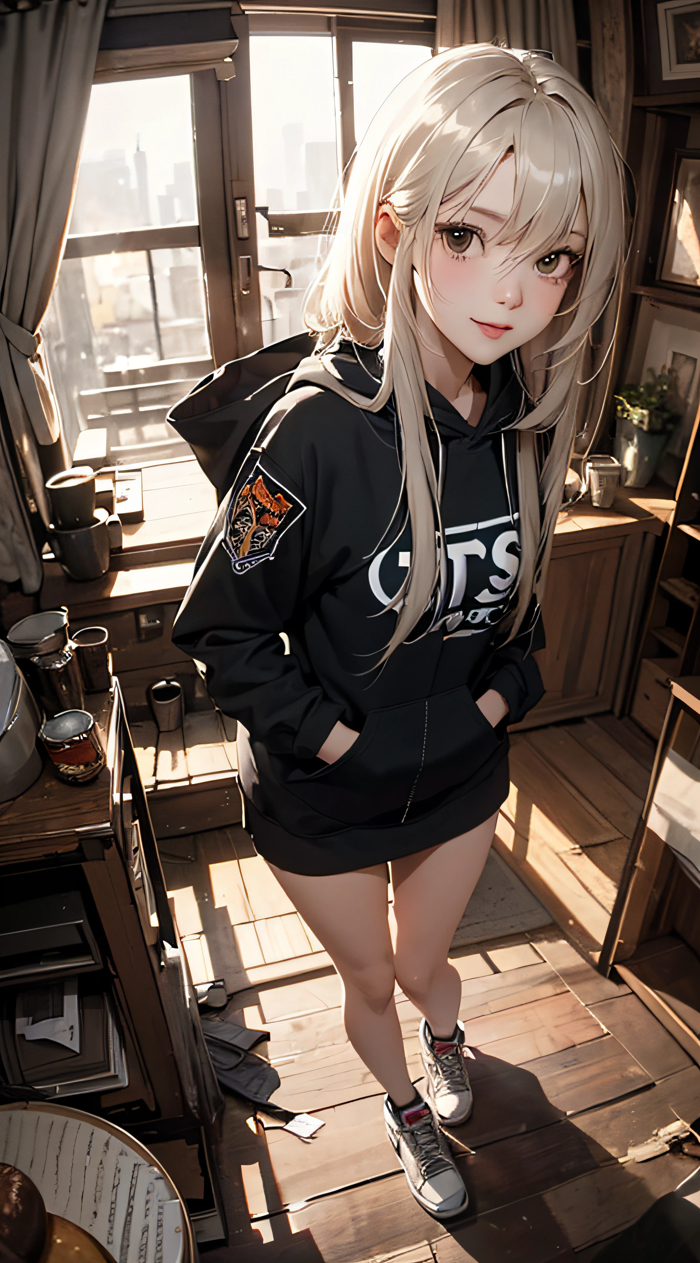 ((8k wallpaper of extremely detailed CG unit, masterpiece, hight resolution, top-quality)), (Beautuful Women, Smile, Hands in pockets:1.8, Grunge Fashion, wearing hoodies:1.2, wearing miniskirt:1.2, Wearing sneakers:1.1), ((extra detailed face, Highly detailed black eyes, extra detailed body, Top quality real texture skins)), (A dark-haired, hair messy, de pele branca), (colorful room), (high-angle:1.2, Fisheye:1.3), hyper realisitic, digitial painting,