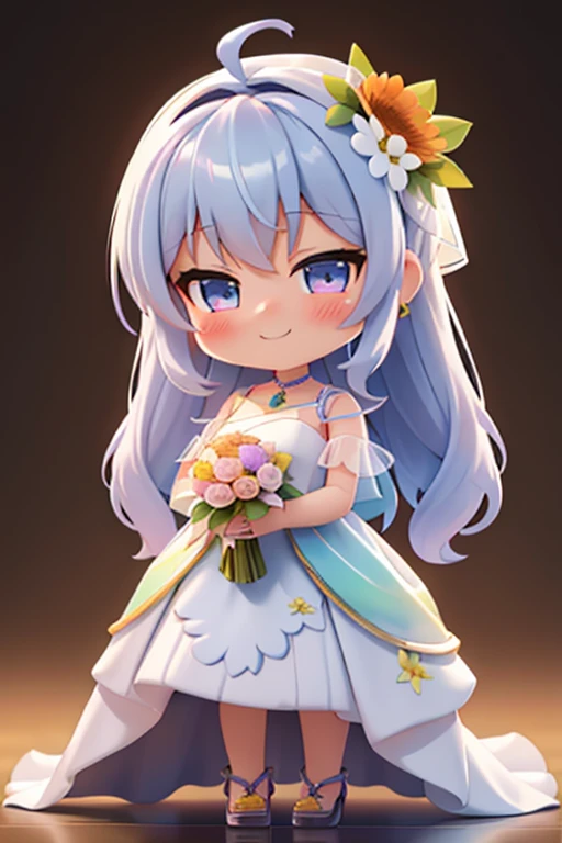 real photograph、Nendoroid wearing a wedding dress standing in front of the painting、Open your mouth and smile but feel shy、Watercolor Nendoroid、(HD graphiclowing iridescent silk、On the face、eyes raised、Colorcon heart pattern、Floral dress、There are also flowers in front of the lower petals of the Nendoroid、seasons!!: 夏天☀ 🍂