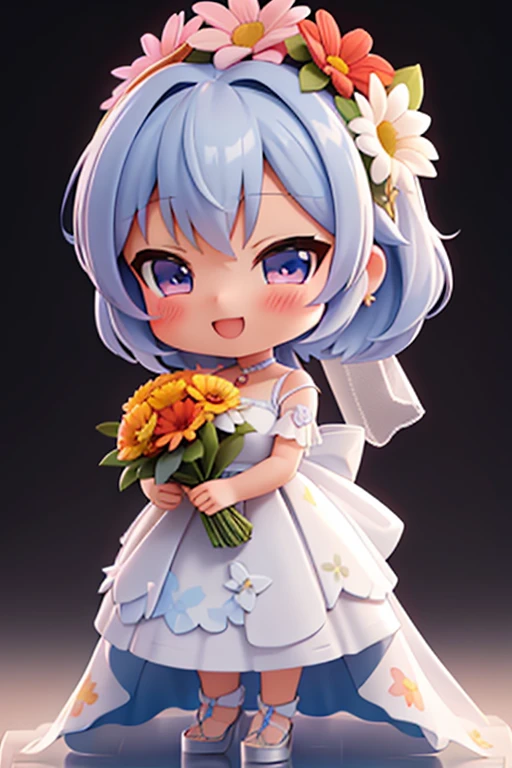 real photograph、Nendoroid wearing a wedding dress standing in front of the painting、Open your mouth and smile but feel shy、Watercolor Nendoroid、(HD graphiclowing iridescent silk、On the face、eyes raised、Colorcon heart pattern、Floral dress、There are also flowers in front of the lower petals of the Nendoroid、seasons!!: 夏天☀ 🍂
