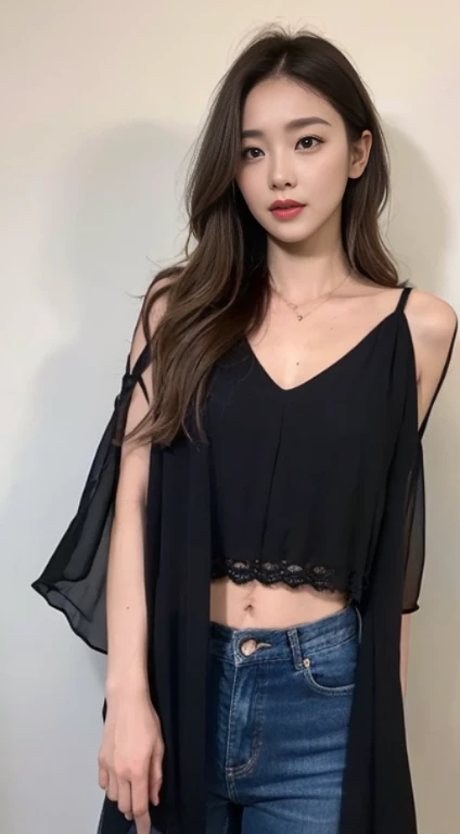 A woman with the same face as last time,Slender Abs、Loose wavy styling、Chiffon blouse、Beautifully expressed in every detail., Including face and skin texture.,Detailed eyes,Seducting look、full body Esbian、Niō Standing