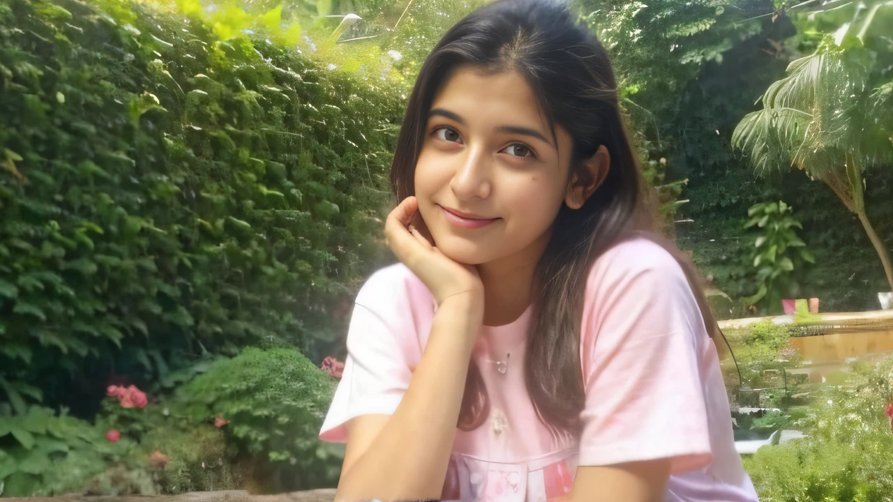 Create a cute girl name "Simi khanna" age 19 wearing in mumbai garden sitting