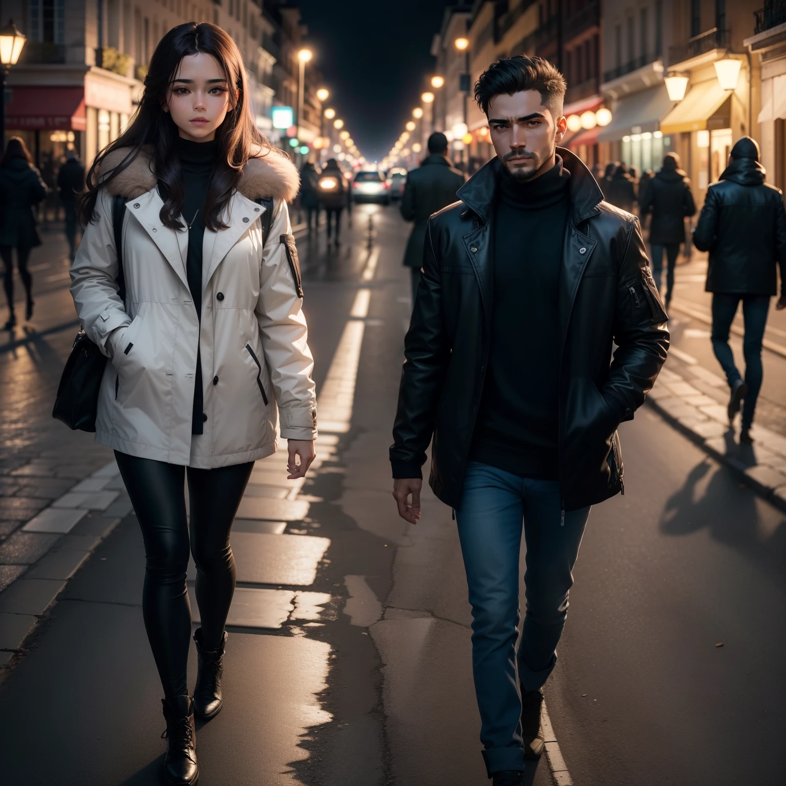 Best quality,deux amants partent seuls sur un long chemin,Just present,Arrière-plan shadow of the street,bright light, belle vue la nuit noire,avec une bright light,4K, lettre R sur le manteau de l'homme,  ? Sur le manteau de la femme. Couple latinos