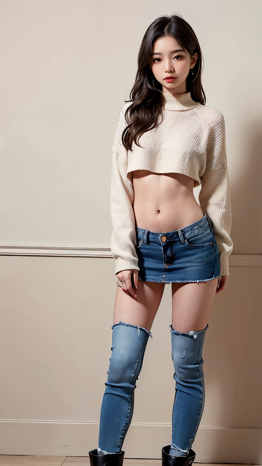 Slender Asian girl, Kpop Idol, ((gymnast)), ((of the highest quality, 8K, masutepiece: 1.3)), Crisp focus: 1.2, Beautiful woman with perfect figure: 1.4, Highly detailed face and skin texture, Detailed eyes, skinny, Beautiful face, Symmetrical face, full-length, ((wide open abdomen))、((open abdomen))、((wide open navel))、((open navel))、((Bare belly))、((Mid-Riff Sweater))、((Ultra-low rise、Denim Mini Skirt))、 ((Navel Ejection))、((Full body depiction))、((Small hip pull body depiction))、((small  hip))、(long boots)、((Ultra-low rise))、 ((Denim Mini Skirt)), ((wide open abdomen))、((open abdomen))、((wide open navel))、((open navel))、((Bare belly))、((Mid-Riff Sweater))、((Ultra-low rise、Denim Mini Skirt))、 ((Navel Ejection))、((Full body depiction))、((Small hip pull body depiction))、((small  hip))、(long boots)、((Ultra-low rise))、 ((Denim Mini Skirt))、