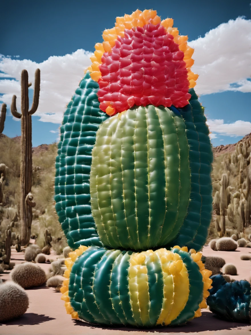 (Portrait shot, ultra-detailed, best quality, photorealistic:1.37, 4k, realistic, photography, an inflated cacti forest made by medium and small inflated cacti, soft reflections, in Arizona desert, blue sky with clouds, vibrant colours, 35mm) in the style of Jeff Koons