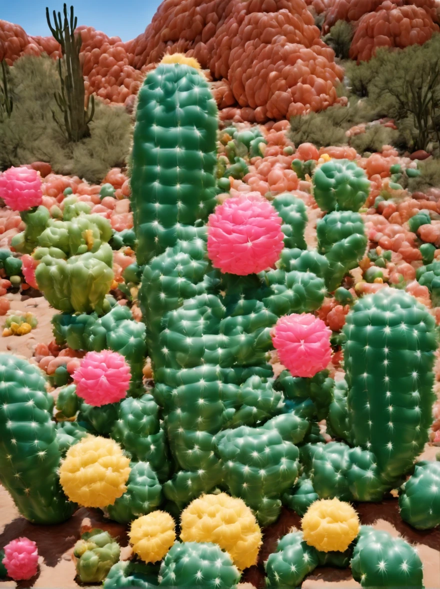 (Portrait shot, ultra-detailed, best quality, photorealistic:1.37, 4k, realistic, photography, an inflated cacti forest made by medium and small inflated cacti, soft reflections, in Arizona desert, blue sky with clouds, vibrant colours, 35mm) in the style of Jeff Koons