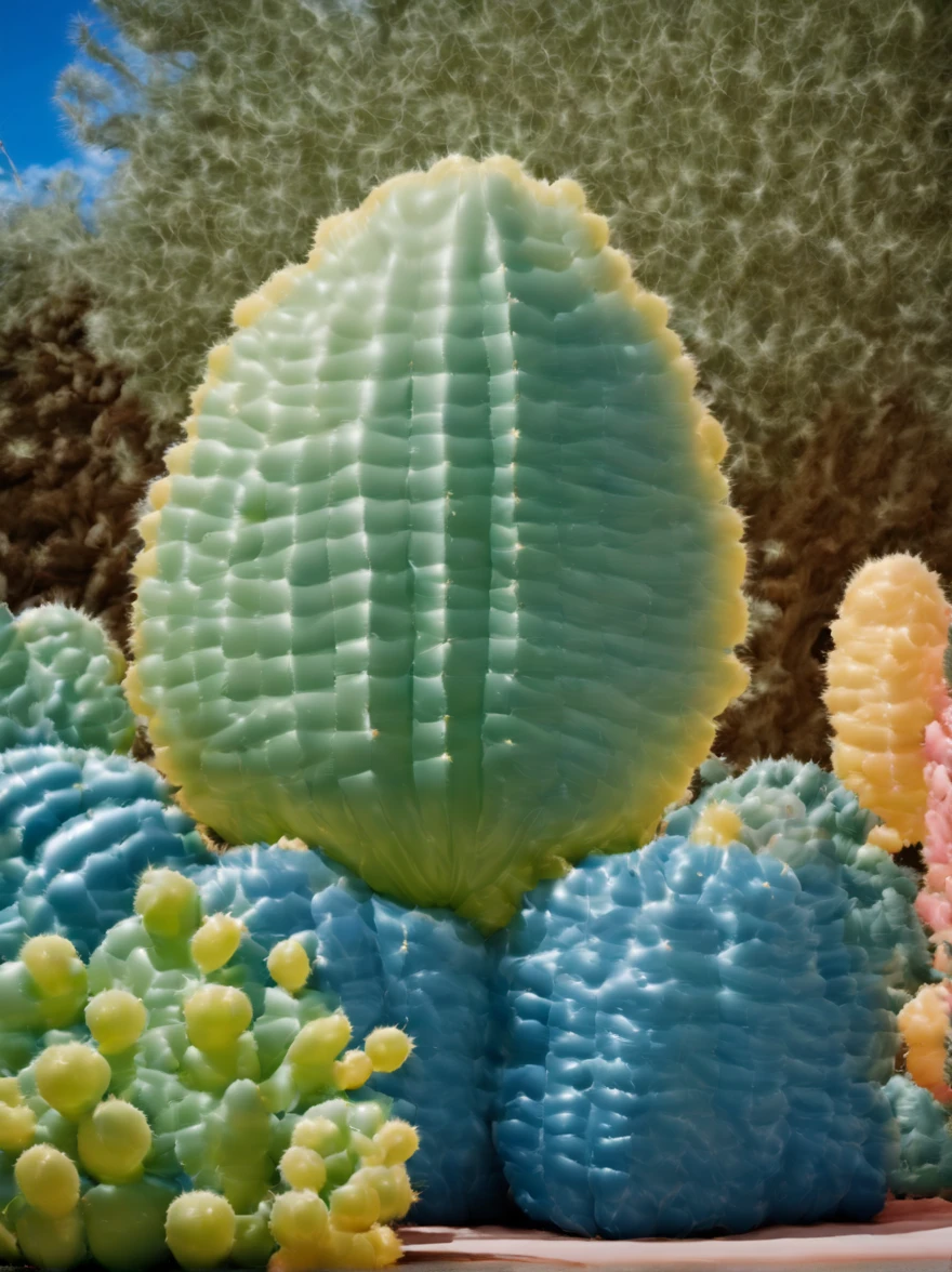(Portrait shot, ultra-detailed, best quality, photorealistic:1.37, 4k, realistic, photography, an inflated cacti forest made by medium and small inflated cacti, soft reflections, in Arizona desert, blue sky with clouds, vibrant colours, 35mm) in the style of Jeff Koons
