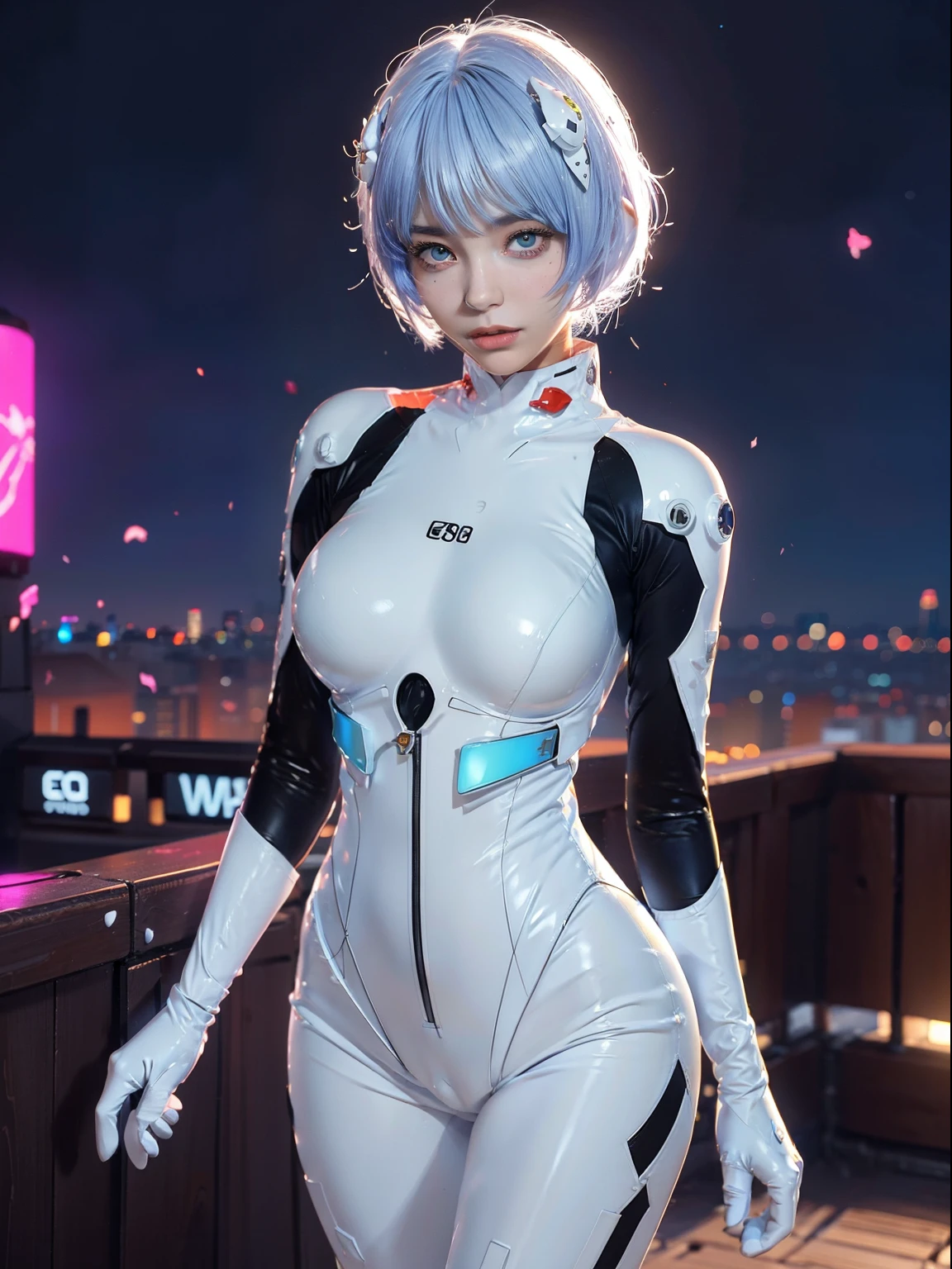 (actual, realisticlying), ayanami_beautiful, 1个Giant Breast Girl, blue short hair, white hair ornament, ((White jumpsuit, mitts)), upper legs, The upper part of the body,(cow boy shot),(tmasterpiece, high qulity, Best quality at best), (Colorful),(delicate eyes and face), volumettic light, Ray traching, extremely detaild的 CG unified 8k wallpapers,Alone((Fly petals)),Outdoor activities, ((cyber punk perssonage)), Digital City, ((neon trim)), the night,(view over city),