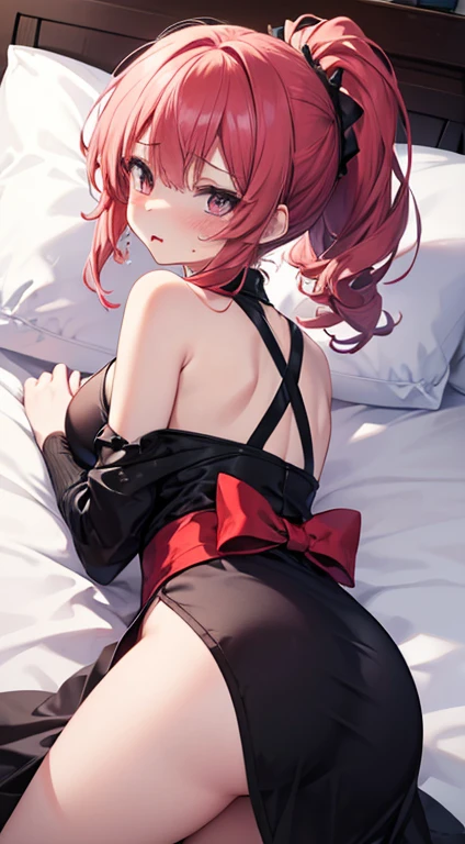 tmasterpiece, Best quality, A high resolution, 8K, ultra - detailed, high high quality, child, Redhead 2D pretty girl,The hair was long,explanatory,Succubus motif,Lying on the bed wearing black silk,The girl's eyes are full of love,tears,out your tongue, High ponytail hairstyle, 黑The eye, Very huge, cropped shoulders, Bedrooms, pouting, The face red, shoulder, upper legs, LOP, 鎖骨, There are huge,Sweating all over the body,Cool clothes