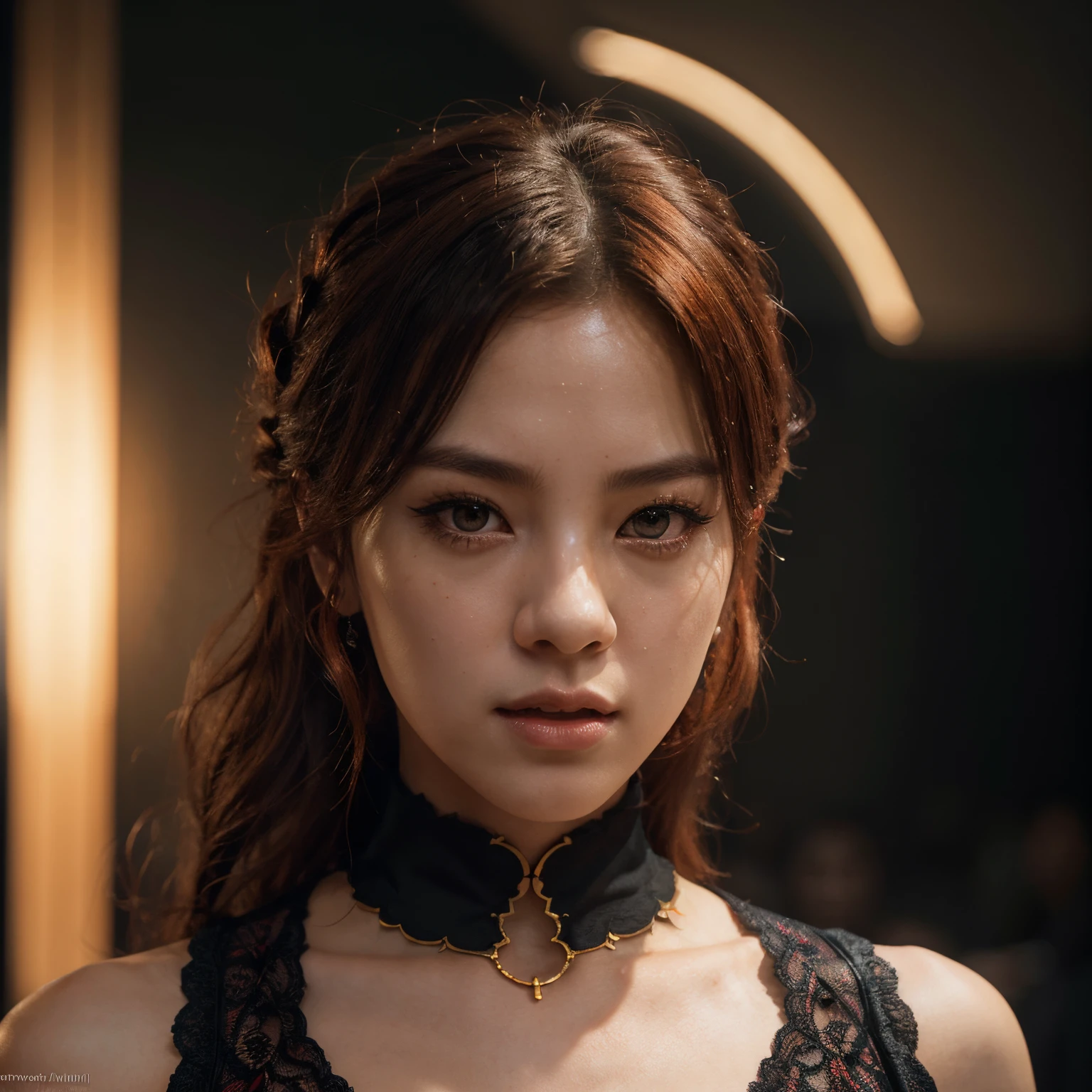 park jimin as a vampire. wearing intricate styled outfit, semi realism, anime realism, symmetrical face, slim face, appealing, photorealism, uhd, amazing depth, glowing, golden ratio, sakimichan, greg rutowski, volumetric lighting, cinematic lighting, red orange lighting, artstation concept art