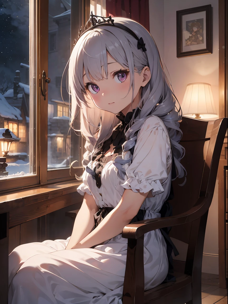 「winter night、Please draw a scene where a beautiful young vampire girl is hibernating in a room in the tower of an old castle.。The girl is about 7 years old、She wears a long gothic style dress in silver and deep purple.。is made of silk and satin material、Features silver embroidery。her hair is golden with wavy curls、She wears a tiara with small jewels on her forehead.。sit in the chair of、sleeping in the moonlight。 The room is filled with antique decorations and furniture.、I can see from the window that it is snowing outside.。 This scenery has the atmosphere of a mysterious and beautiful winter night.、Emphasize the girl's beauty and mystique as a vampire.。」