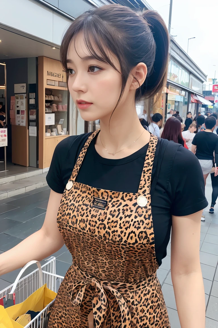 (Super Best Quality、8K、Masseter muscle film、delicate illustrationULL-BODY ESBIAN),Japanese housewife with shopping bagusty figure、leopard print apron、ponytail dark hair、Shopping in the shopping street、