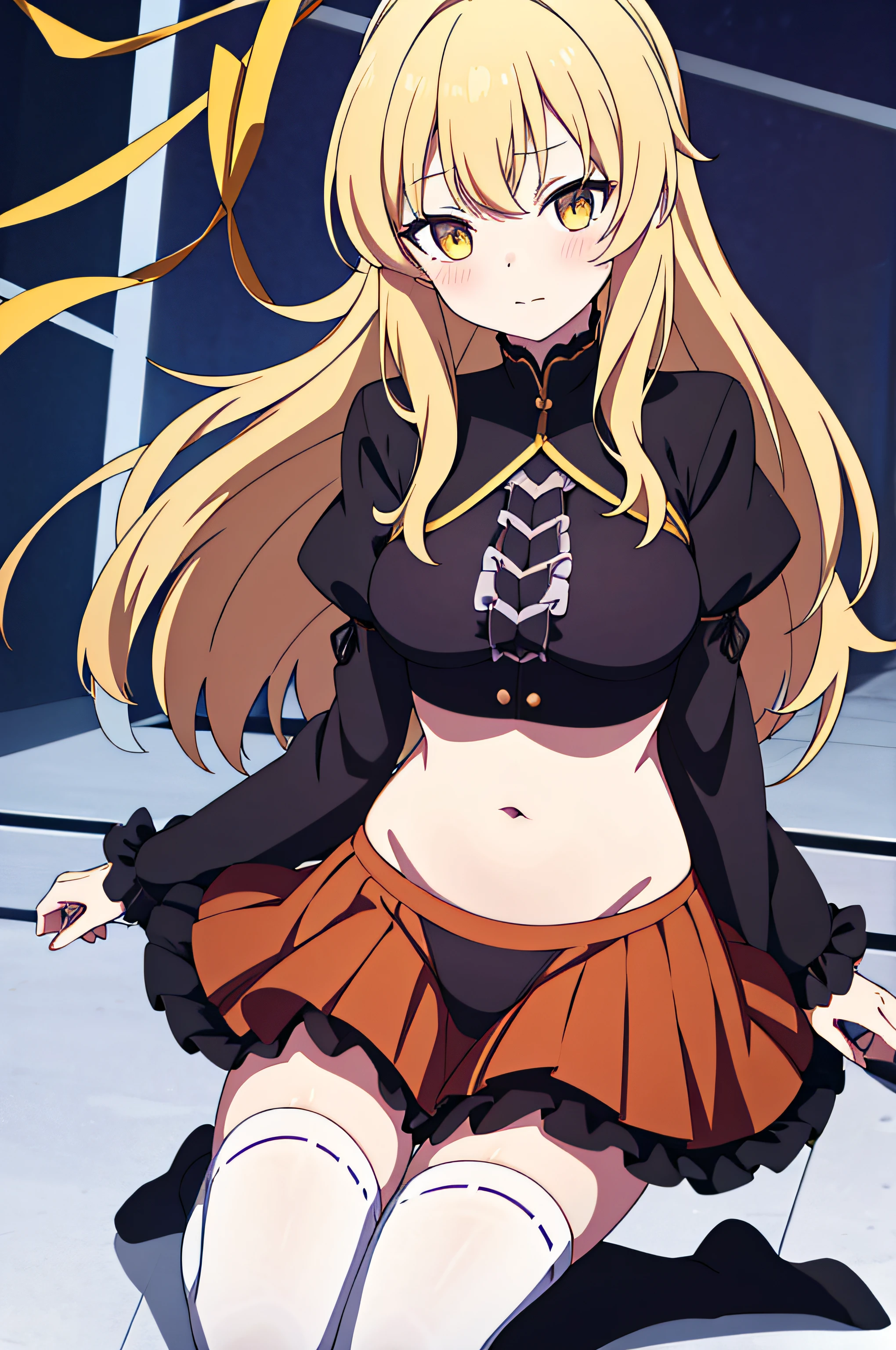 1个Giant Breast Girl, Moriya_Suwa Lake, Alone, The blonde_the hair, mitts, Raise your legs, navel_cut out, Black_mitts, Yellow_The eye, The white_Raise your legs, The white_Background with, navel, _Background with, Red_ribbons, Broke up_By bangs, el boloves, ribbons, Wide_the sleeve, the hair_ribbons, Brown_head gear, By bangs, nedium breasts, tightsuit, adapted_Costumes, Be red in the face, middling_the hair, lookingat_Show on the_peeping at the viewer, has cleavage, Independent_the sleeve, ribbonanicured, Tres_ribbons, The clothes ar_cut out, deactivated_beak, decor, ribbon decorated_Hosiery, high-necksweater, middling_nedium breasts, high legs, The purple_a skirt, Kneeling,