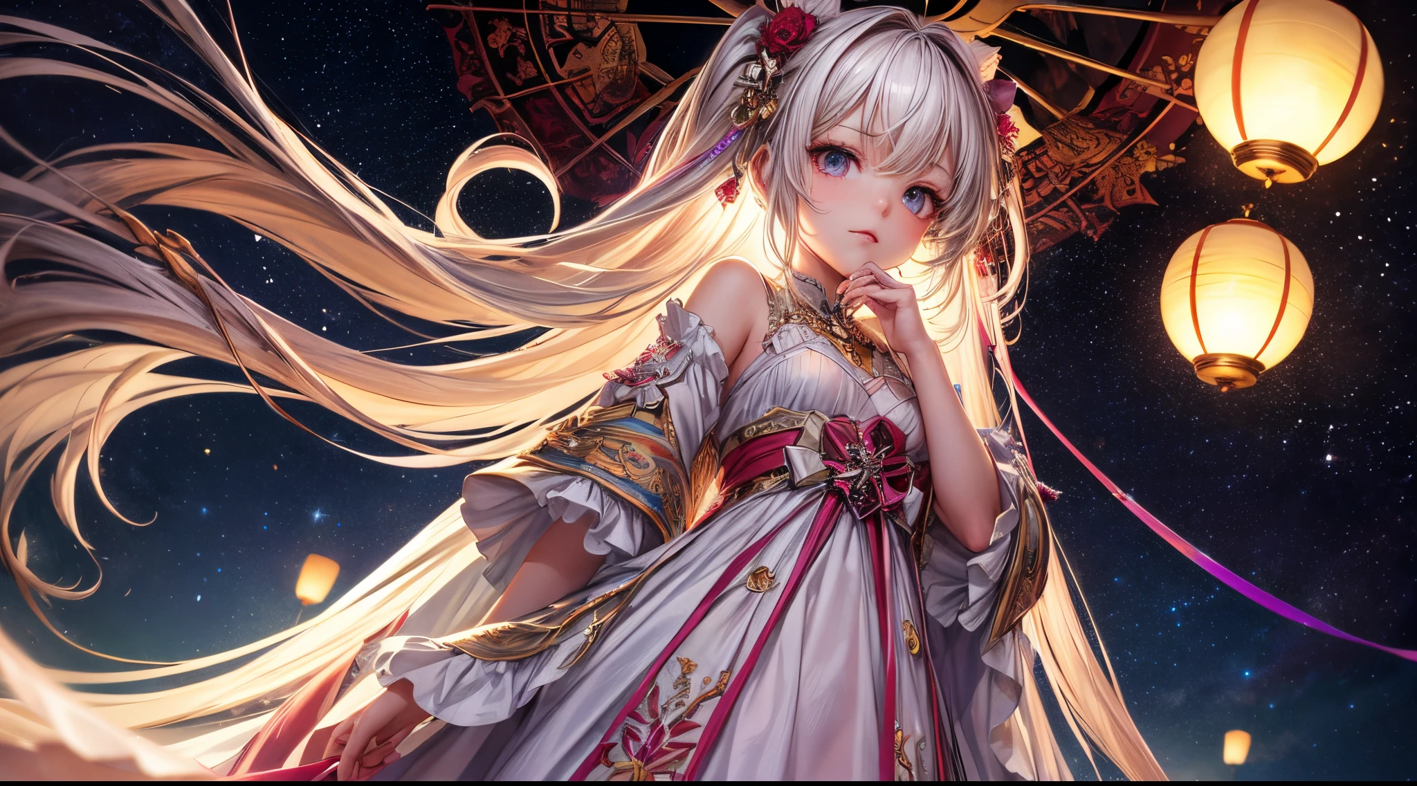8k Wallpaper,grand,(((masterpiece))), (((best quality))), ((ultra-detailed)), (illustration), ((an extremely delicate and beautiful)),dynamic angle,rainbow hair,detailed cute anime face,((loli)),(((masterpiece))),anmasterpiece, best quality, incredibly absurdres, high detail background, (glowing effect), starry sky, glowing nebula sky, colorful,Lanterns, fantasy, 1girl, solo, long hair,More Detail