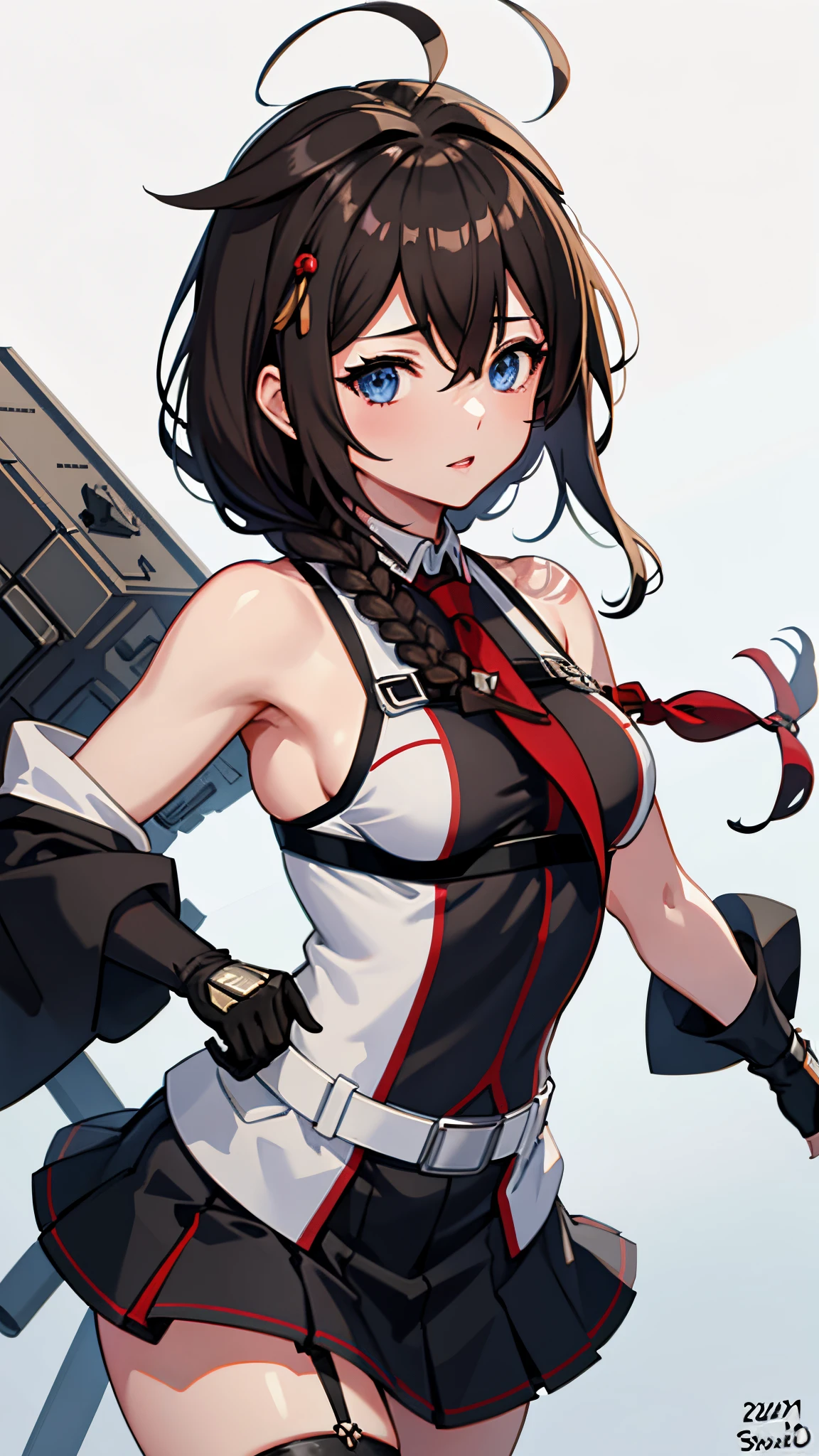 Shigure Kai 3 KanColle Sleeveless Black Thimble Glove Black Skirt Braid 8K High Resolution insanely detailedinsanely detailed eyes insanely detailed face、insanely detailed body、insanely detailed skin