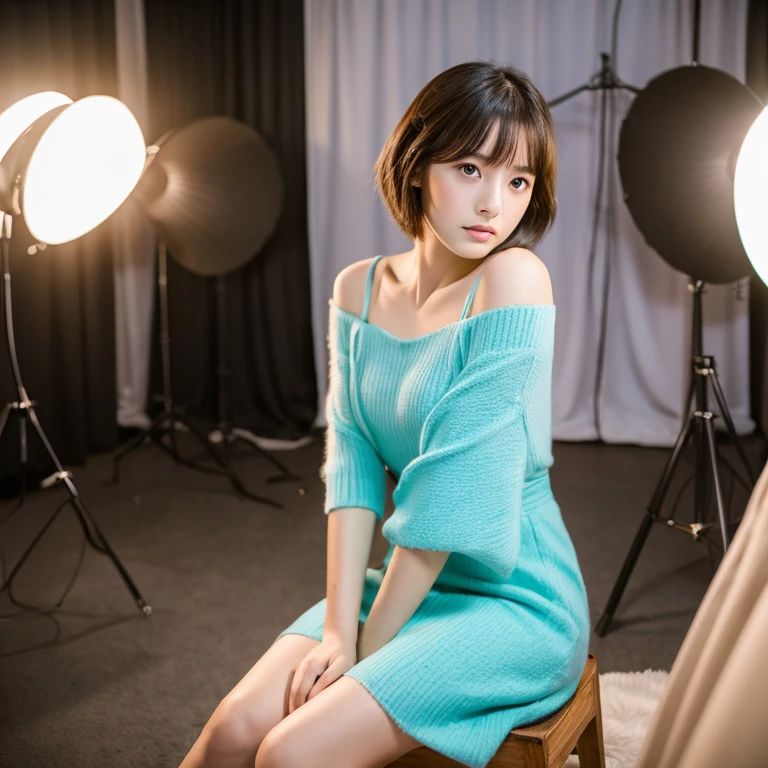 An ultra-high picture quality、Perfect Photo、japanes、a beauty girl、 student、Sareme、dressing room、Photography Studio、Serious look、Short Bob、