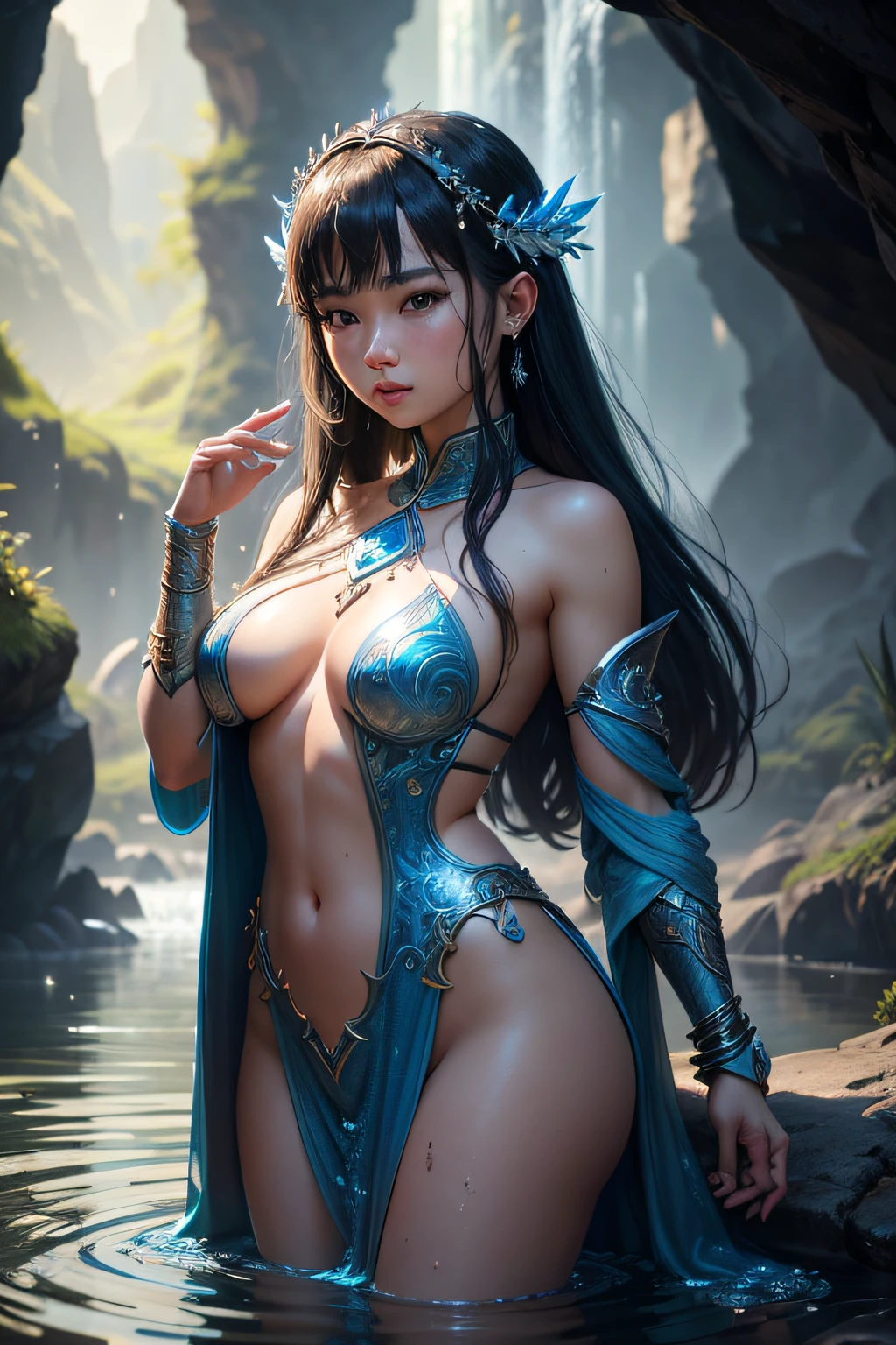 , asian girl, water mage, sorceress, magical dress made out of water,  wearing magical jewels, controling all water around her, makes streams of water spin around her, ancient cave in background, sexi, small breasts, , highly detailed, vibrant appearance, creative behavior, extremly detailed, imaginative, sensual, spontaneous, highest quality, skin texture, intricate details, (cinematic lighting), RAW photo, 8k, masterpiece,best quality,ultra-detailed,very detailed illustrations,extremely detailed,intricate details,highres,super complex details,extremely detailed 8k cg wallpaper,