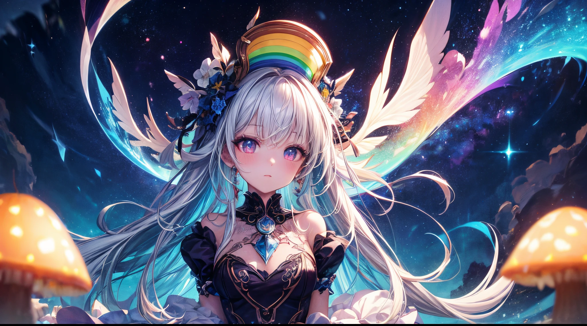 8k Wallpaper,grand,(((masterpiece))), (((best quality))), ((ultra-detailed)), (illustration), ((an extremely delicate and beautiful)),dynamic angle,rainbow hair,detailed cute anime face,((li)),(((masterpiece))),anmasterpiece, best quality, incredibly absurdres, high detail background, (glowing effect), starry sky, glowing nebula sky, colorful,Mushrooms, fantasy, 1girl, solo, long hair,More Detail