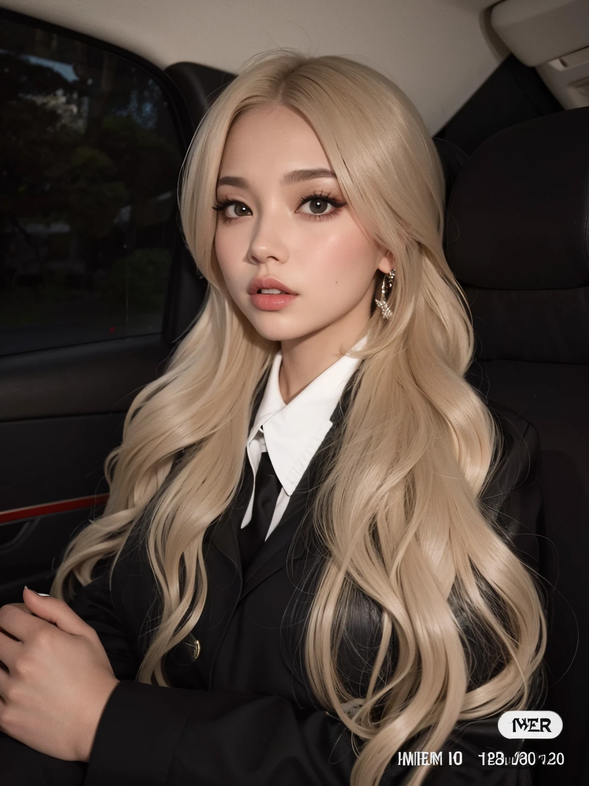 Mulher loira com cabelo longo em um carro usando terno e gravata, ava max, com longos cabelos loiros, longos cabelos loiros e olhos grandes, com cabelos longos brancos, o cabelo dela branco, Cl, com longos cabelos brancos, longos cabelos loiros e olhos grandes, com cabelos loiros muito longos, Parque Roseanne do Blackpink, ela tem cabelos loiros, cabelos loiros e olhos grandes