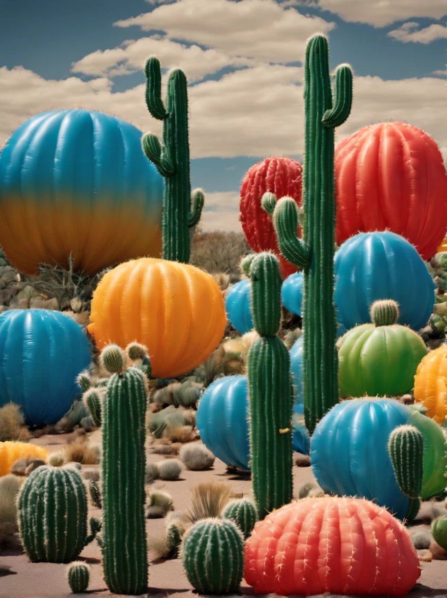 (Portrait shot, ultra-detailed, best quality, photorealistic:1.37, 4k, realistic, photography, an inflated cacti forest made by medium and small inflated cacti, soft reflections, in Arizona desert, blue sky with clouds, vibrant colours, 35mm) in the style of Jeff Koons