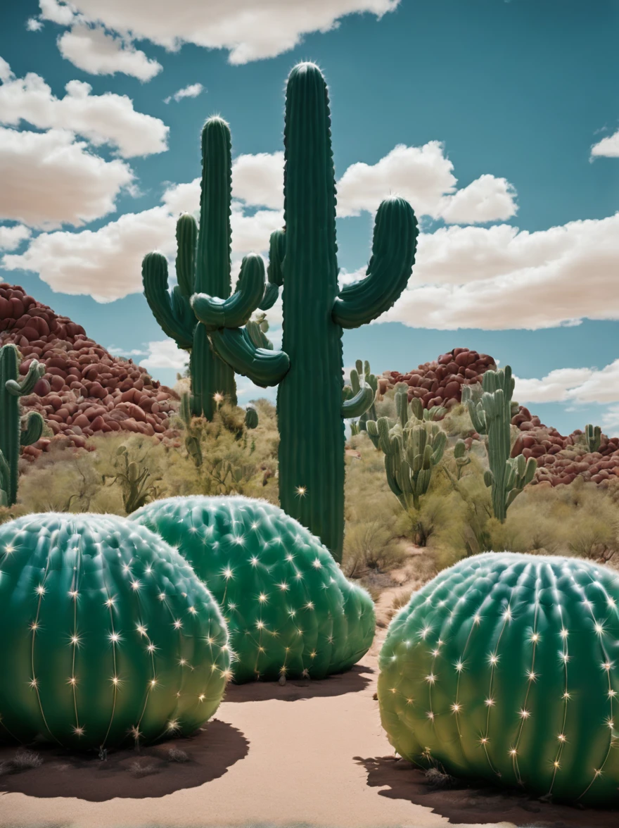 (Portrait shot, ultra-detailed, best quality, photorealistic:1.37, 4k, realistic, photography, an inflated cacti forest made by medium and small inflated cacti, soft reflections, in Arizona desert, blue sky with clouds, vibrant colours, 35mm) in the style of Jeff Koons