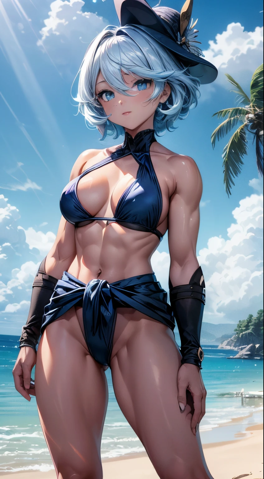 Furina from Genshin Impact), 1 girl, standing (on the beach), nails painted blue, (((arms on waist))), {{{thong bikini}}}, (((muscular legs)) ), ((showing her big ass to me))), muscular belly, standing, bare foot, (short hair), medium breasts, eye reflection, elongated eyes, elongated eyes, bad mood, anime, anime style, A cinematic lighting, shine, JPEG artifacts, bright light, divine rays, ray tracing, panorama, canon, UHD, master piece, textured skin, Super Detail, High details, best quality, very high resolution, 16k