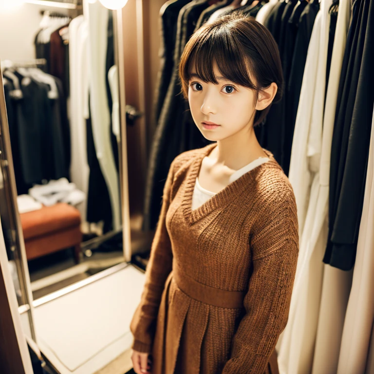 An ultra-high picture quality、Perfect Photo、japanes、a beauty girl、15yo student、Sareme、dressing room、Photography Studio、Serious look、a short bob、