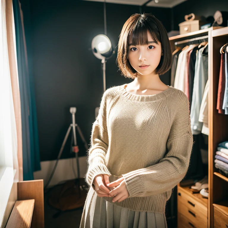 An ultra-high picture quality、Perfect Photo、japanes、a beauty girl、15yo student、Sareme、dressing room、Photography Studio、Serious look、a short bob、