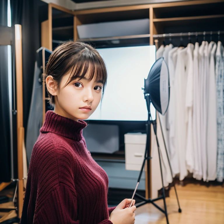 An ultra-high picture quality、Perfect Photo、japanes、a beauty girl、15yo student、Sareme、dressing room、Photography Studio、Serious look、a short bob、