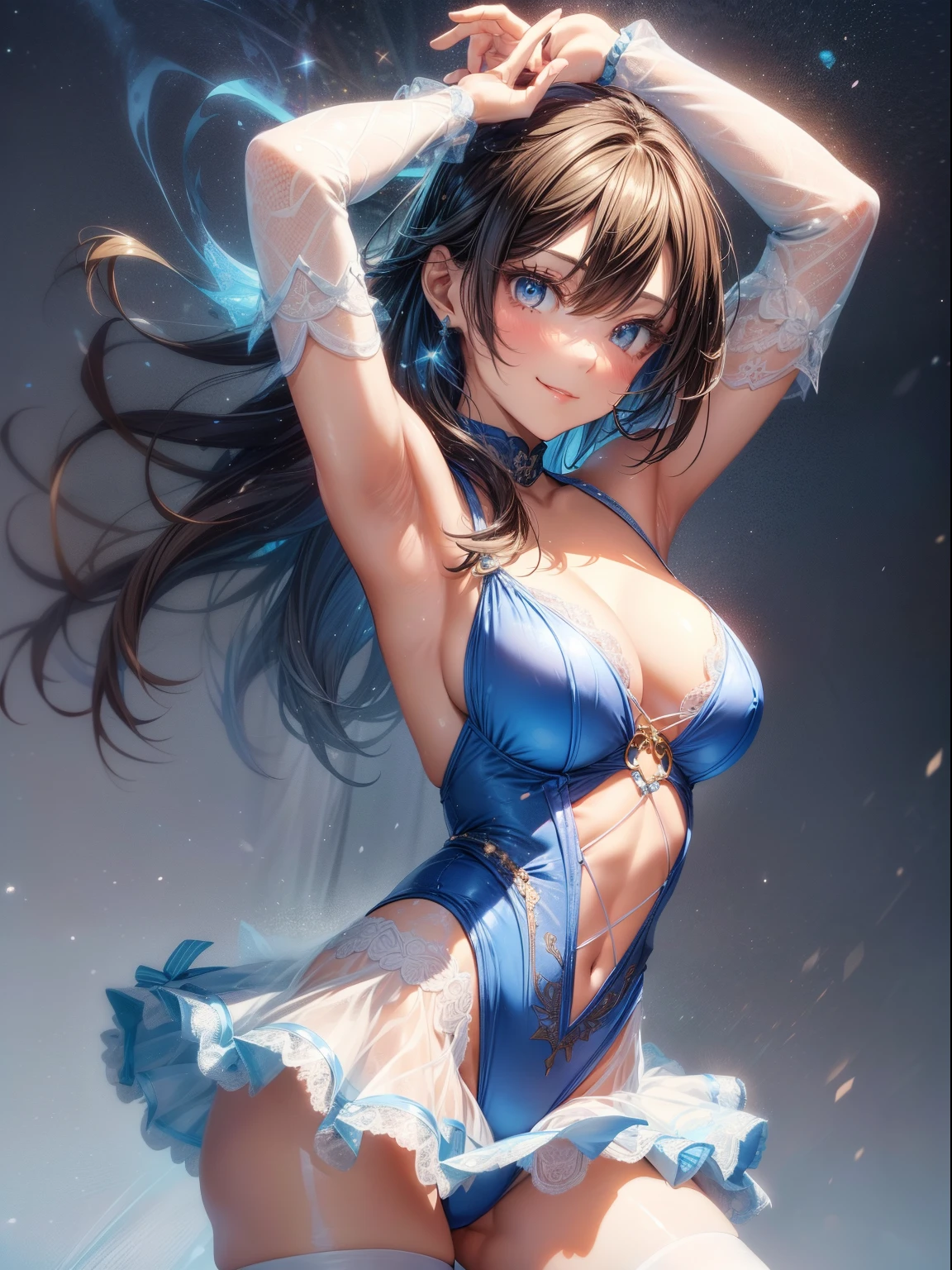 top-quality、Full limbs、complete fingers、one beautiful women、Beautiful busty woman、Women with straight hair、Brown-haired woman、Figure skater、Light blue figure skating leotard with ruffle skirt、cool patterned leotard、(White pantyhose)、skating rink、In the competition、A big smile、Naughty Poses