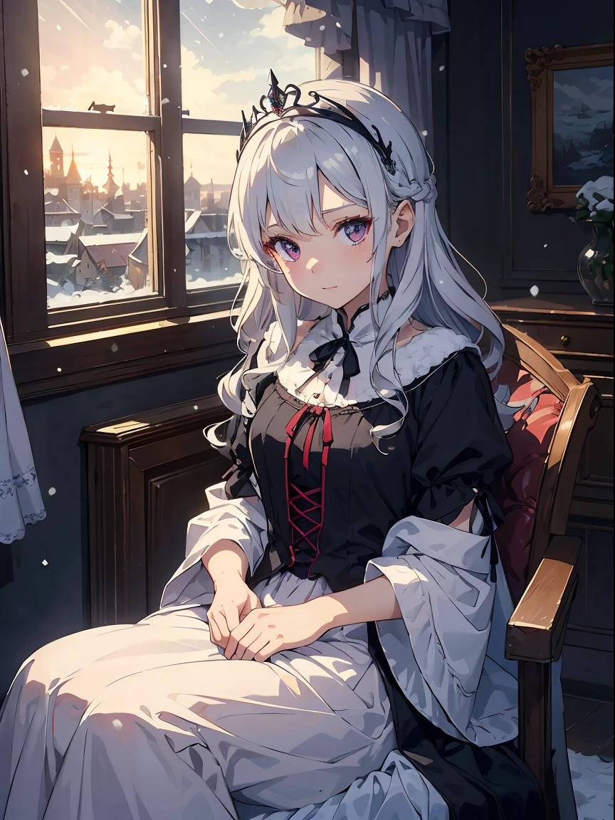「winter night、Please draw a scene where a beautiful young vampire girl is hibernating in a room in the tower of an old castle.。The girl is about 7 years old、She wears a long gothic style dress in silver and deep purple.。is made of silk and satin material、Features silver embroidery。her hair is golden with wavy curls、She wears a tiara with small jewels on her forehead.。sit in the chair of、sleeping in the moonlight。 The room is filled with antique decorations and furniture.、I can see from the window that it is snowing outside.。 This scenery has the atmosphere of a mysterious and beautiful winter night.、Emphasize the girl&#39;s beauty and mystique as a vampire.。」