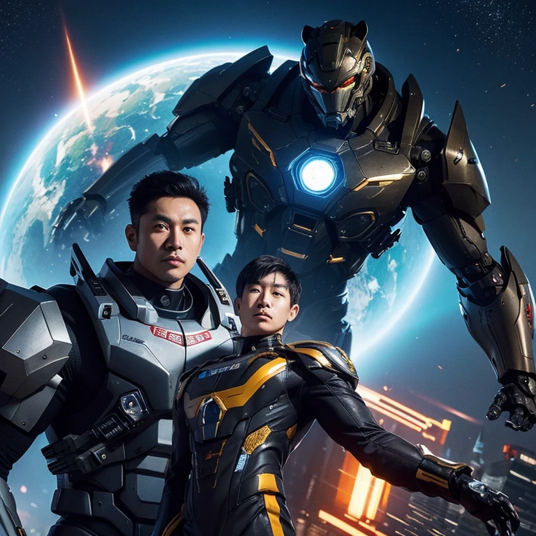 scientific fiction，asian man，age 30uscle men，Wearing a mecha suit，There&#39;s a metal sci-fi tiger next to me，future machine city