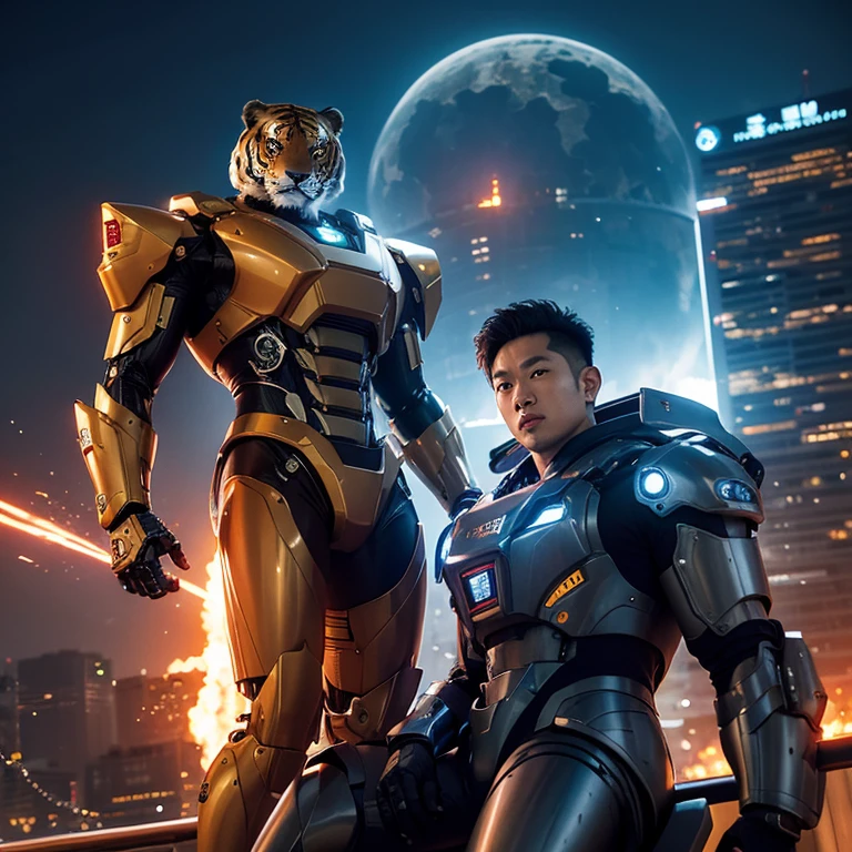 scientific fiction,asian man,age 30uscle men,Wearing a mecha suit,There's a metal sci-fi tiger next to me,future machine city