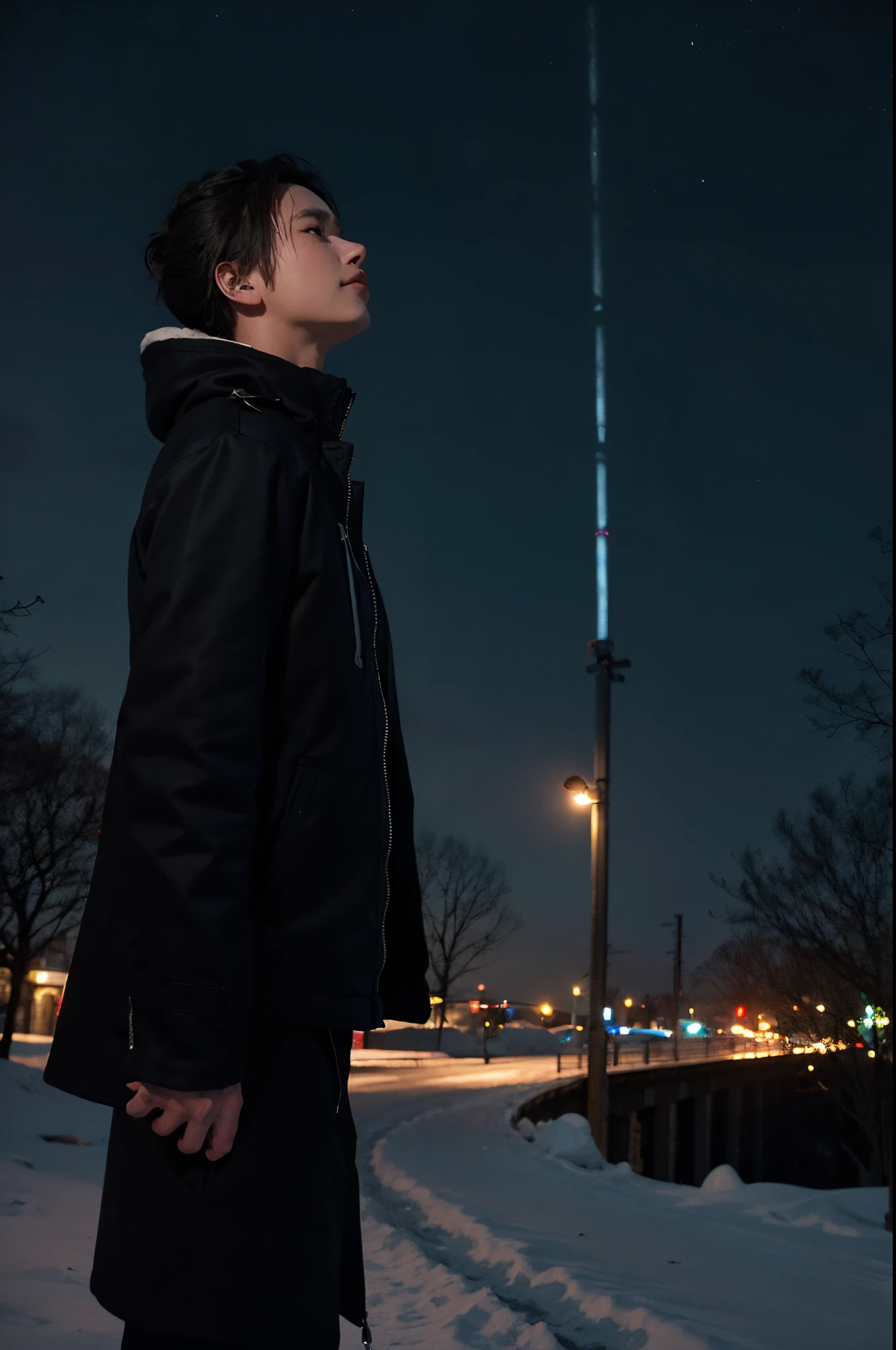 boy in the snow at night，Look up at the sky，Cinematic lighting，The special effects are full，Looking up shooting technique，Side view of people，There  styling，Framed as medium shot，The city with lights in the background，4K，