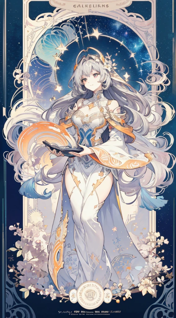 (thick thighs), (Curvy), Sexy, (Gray Hair), (Orange Eyes,) (Glowing Eyes,) 1 girl, Pale Skin, (Two-Tone Eyes), Eyelashes, Smile, Gleaming Skin, Shiny Hair, Long Hair, looking at you, anime, beautiful anime eyes, beautiful detailed eyes, eyes, glittering eyes, (Neon),(White Fencing Outfit, Detailed Outfit), Angelic, Halo, Flowers, (Galaxy, cloud, Starry, stars,colorful), (Sleepy Eye), Decorative panels， abstract artistic， Alphonse Mucha （masterpiece， best quality， A detailed， Complicated details， 4K， Color splattering， Line art， Fibonacci， （tarot cards），Cards, Slim card border