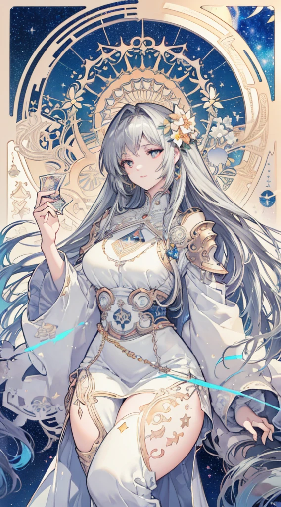 (thick thighs), (Curvy), Sexy, (Gray Hair), (Orange Eyes,) (Glowing Eyes,) 1 girl, Pale Skin, (Two-Tone Eyes), Eyelashes, Smile, Gleaming Skin, Shiny Hair, Long Hair, looking at you, anime, beautiful anime eyes, beautiful detailed eyes, eyes, glittering eyes, (Neon),(White Fencing Outfit, Detailed Outfit), Angelic, Halo, Flowers, (Galaxy, cloud, Starry, stars,colorful), (Sleepy Eye), Decorative panels， abstract artistic， Alphonse Mucha （masterpiece， best quality， A detailed， Complicated details， 4K， Color splattering， Line art， Fibonacci， （tarot cards），Cards, Slim card border