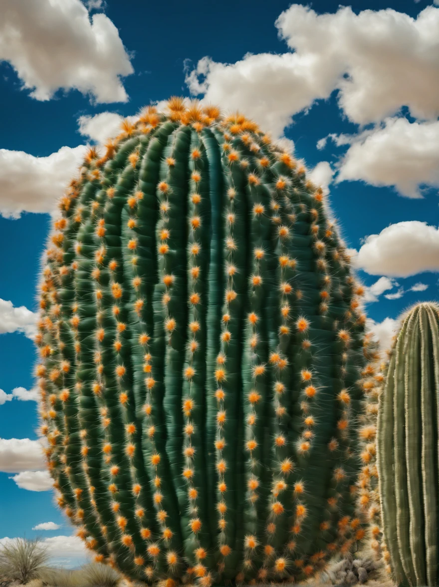 (Portrait shot, ultra-detailed, best quality, photorealistic:1.37, 4k, realistic, photography, an inflated cacti forest made by small inflated cacti, soft reflections, in Arizona desert, blue sky with clouds, vibrant colours, 35mm) in the style of Jeff Koons